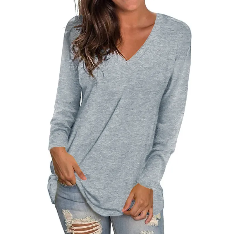 Spring Long sleeve T-shirt Women Basic Tee Shirt Oversize 5XL T V Neck Solid Casual Ladies Fashion Tops Plus Size 220328