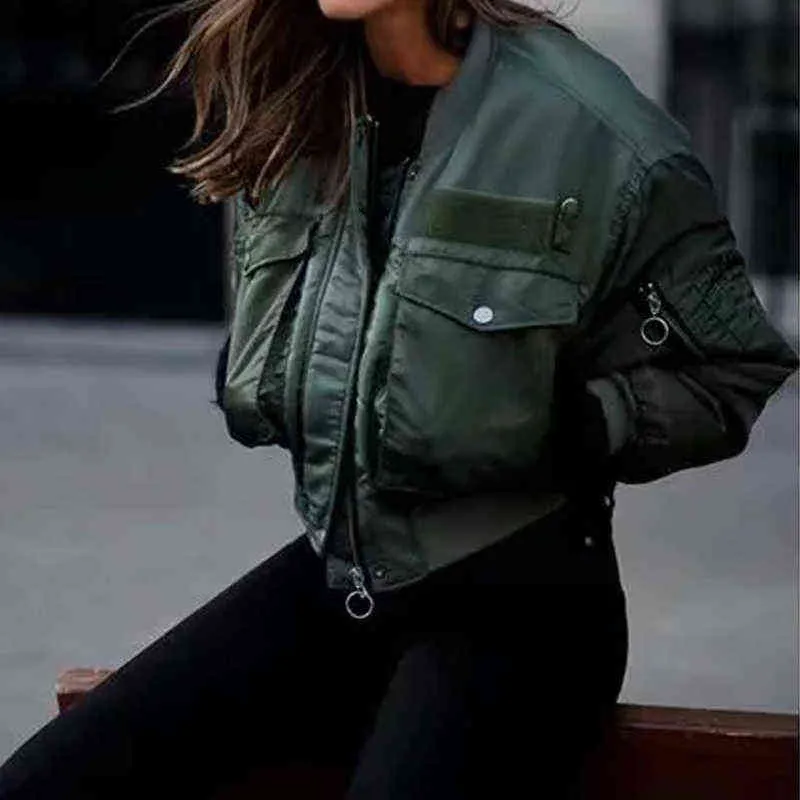 2021年春秋の爆撃機ジャケット女性アーミーグリーンウォームジッパーポケット冬のジャケット女性ジャケットパーカー