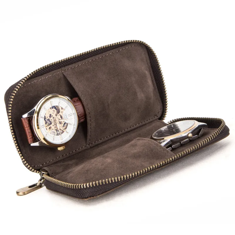 Boîte à montres en cuir rustique à 2 fentes, pochette de luxe avec fermeture éclair, sac de rangement Portable pour 2 montres marron 220624