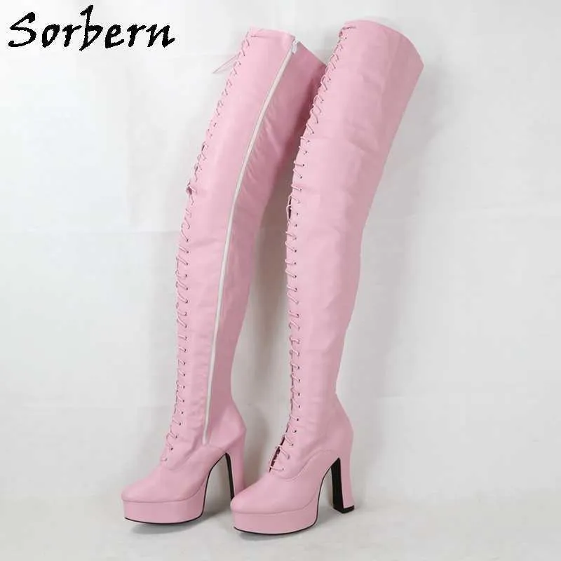 Sorbern BDSM 12cm Square Heel Boots Women Platform Lace Up Crotch Thigh High Boots Goth Cosplay Fetish Boot Red Matte Customized