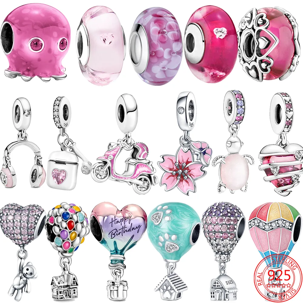 Nieuwe populaire 100% 925 Sterling Silver Charm Pink Heart Leuke hoofdtelefoon Charme voor Pandora -armbanden en kettingen geschenken DIY -sieraden voor meisjes