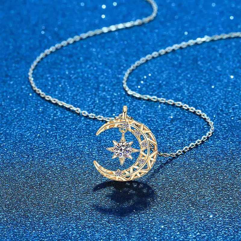 Moissanite Diamond 14K Rose Gold Plated 925 Sterling Silver Moon Star Pendant Halsband för Kvinnor Flickor Fina Smycken