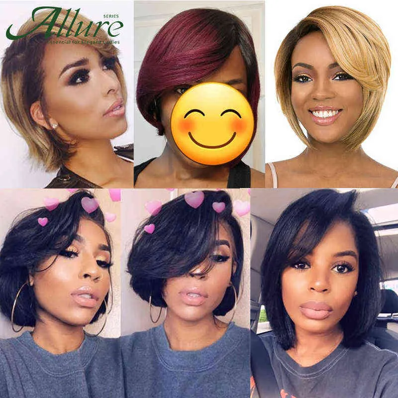 Hair Wigs Ombre Burgundy Short Bob Wig with Bangs Side Part Human for Black Women Cheap Colored Brazilian Allure 220722