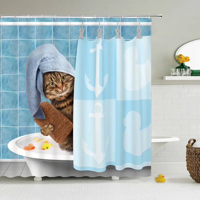 Mignon Chat Animal Imperméable Polyester Rideau De Douche avec Crochets Pour Baignoire Salle De Bains Écrans Décor À La Maison Grande Taille Mur Tissu 220429