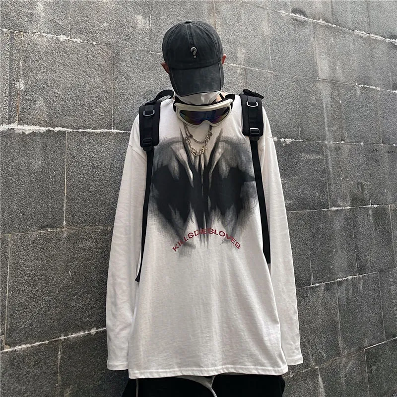 Harajuku Oversize Мужская футболка с длинным рукавом Готический черный стиль Ретро Ulzzang Уютная повседневная уличная одежда Мешковатые свободные топы в стиле хип-хоп BF 220708