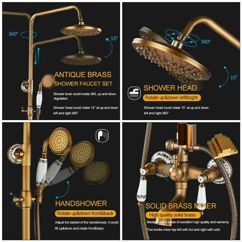Antique Brasss ORB Shower Faucet 8" Rainfall Showerhead Wall Mounted Handshower and Shelf with High Quality Brass