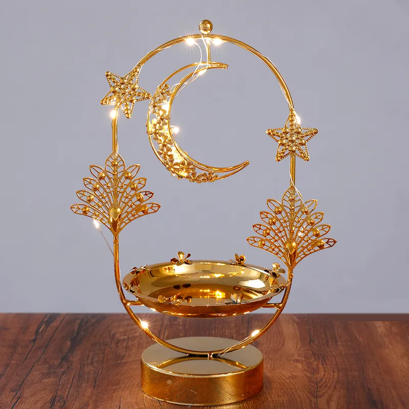 مهرجان رمضان الذهبي Hollow Moon Leaf Candlestick مع حلي زخارف العطلة المتوهجة للبطارية 220527