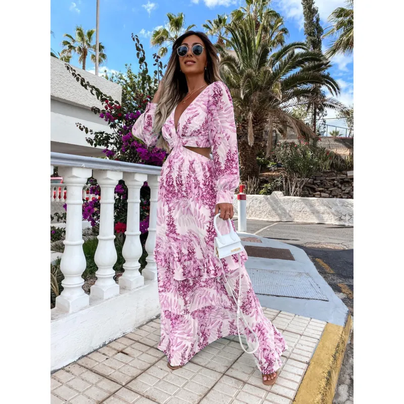 نساء مثير الفستان Maxi Summer v الرقبة Backless Hollow Out Lantern Sleeve Club Party Long Dresses Tunic Beach Cover Up 220613