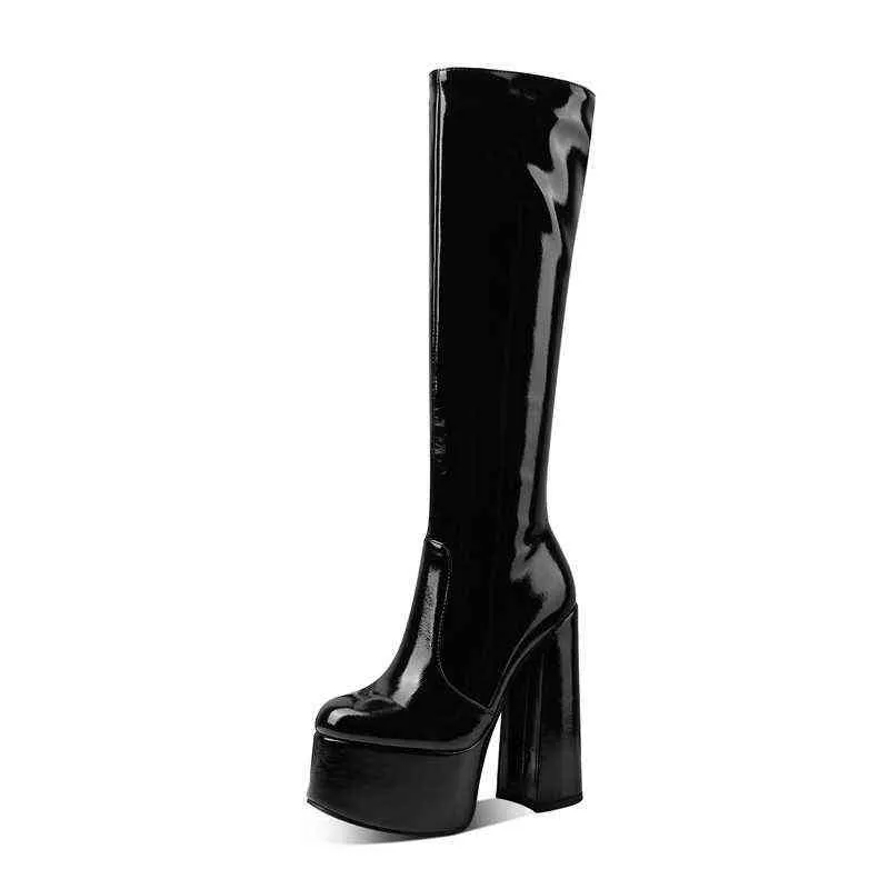 Mstacchi Patent Leather 'Motorcycle Boot Street Style Round Toe Square Heel Platform Hand-Made Shoes Botasaltasmujer 220729
