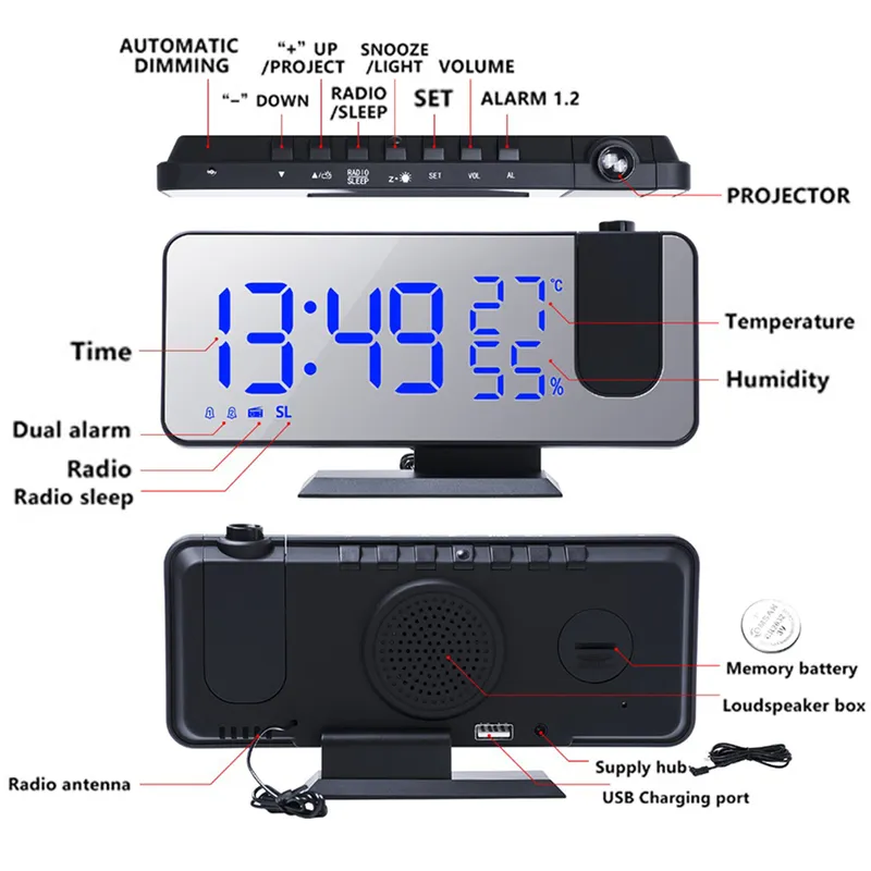 LED Réveil numérique Table électronique Horloges de bureau USB Réveil FM Radio Projecteur Deux Fonction Snooze 220426