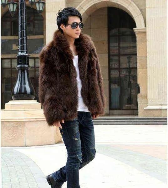 メンズフェイクファージャケット韓国ファッションスリム服冬の茶色のふわふわした暖かいジャケットプラスサイズxxxl 4xlカジュアル男性トップサーマルジャケットL220725