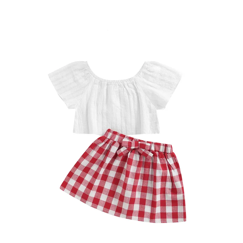 Lioraitiin 3 pièces ensemble 024M né bébé fille vêtements mignon été hors épaule dentelle hauts rouge à carreaux robe courte bandeau tenue 220608