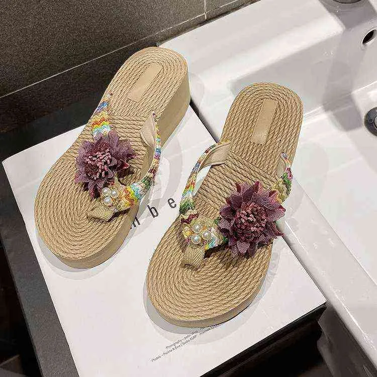 Zapatillas de mujer de verano 2022 Nueva cuerda de cáñamo Sandalias de moda Chanclas de flores Playa Casual Zapatillas de tacón alto Zapatilla Mujer Y220412
