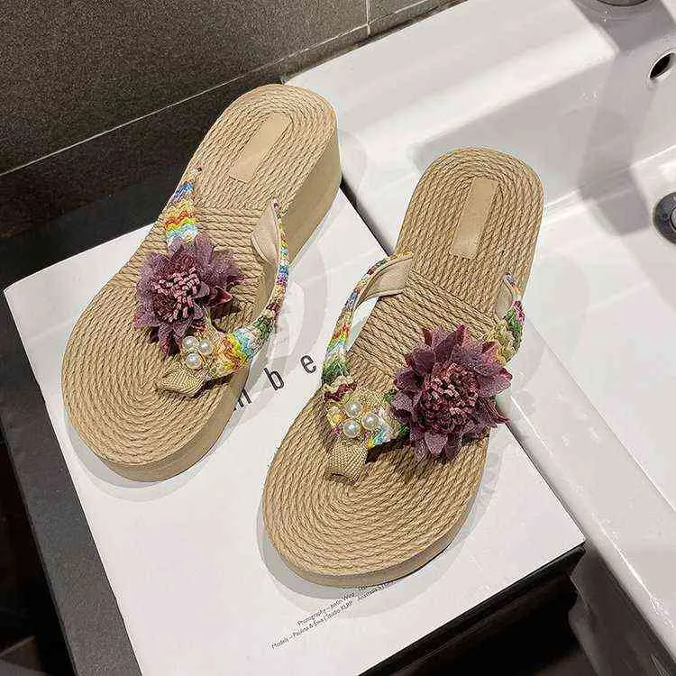 Zomer dames slippers 2022 nieuwe hennep touw mode sandalen bloem flip-flops strand casual hoge hakken slippers slipper vrouwen y220412