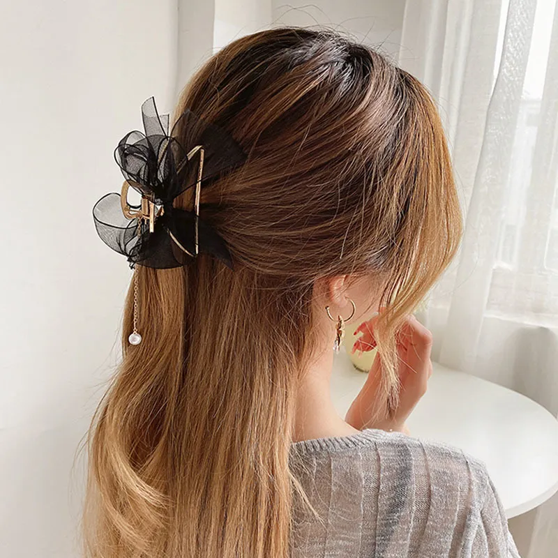 New Women Elegant Chiffon Bow Pearl Pendant Metal Hair Claws Sweet Hair Decorate Back Head Hairclips Fashion Headwear Accessories