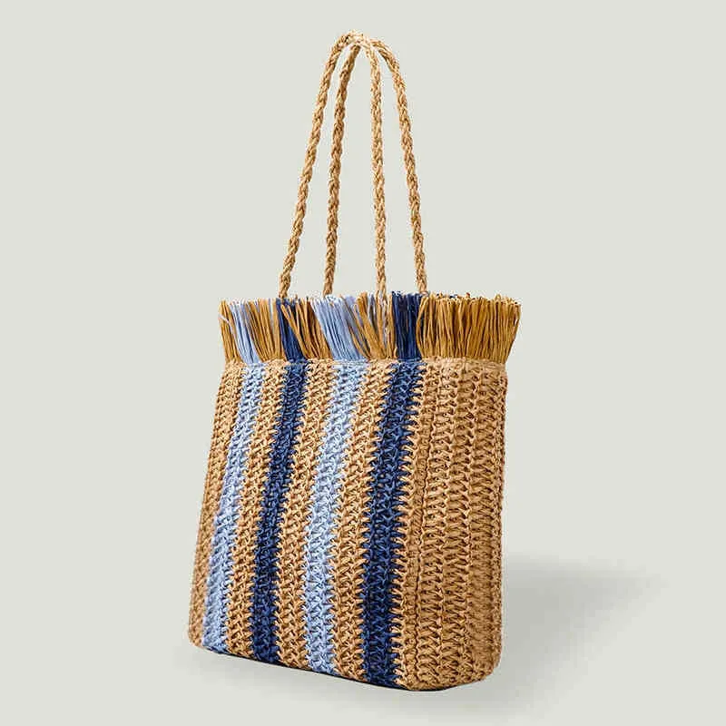 Bolsos de mano informales con borlas de verano para mujer, bolso de mano tejido de paja de papel para mujer, bolso de hombro femenino grande para playa, bolso de mano de caramelo a la moda 0214