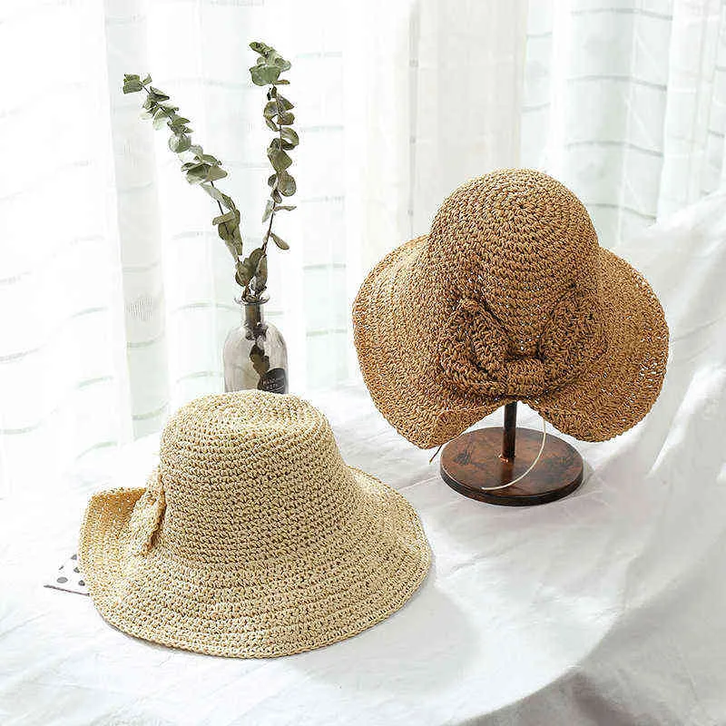 Femmes Chapeau de paille 2022 Été Tricot Weave Cap Beach Style Sweet Sun Chapeaux Style coréen Échantillon élégant avec nœud large chapeau G220301