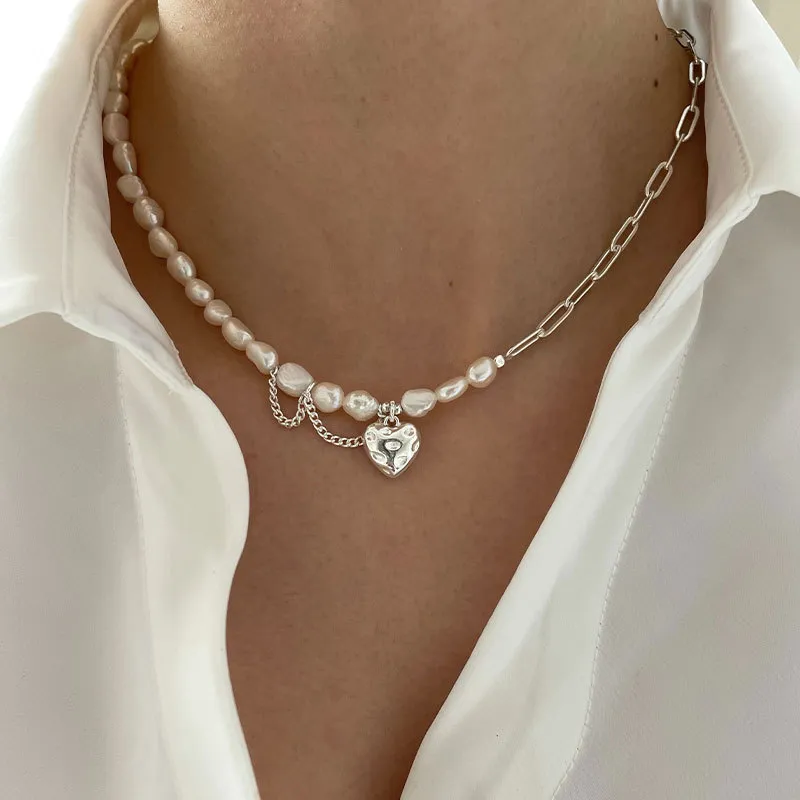 Foxanry 925 Ожерелье для женщин модно элегантное асимметрическое цепь жемчужины Гладкая любовь сердца невесты любители ювелирных изделий. Подарки 220727