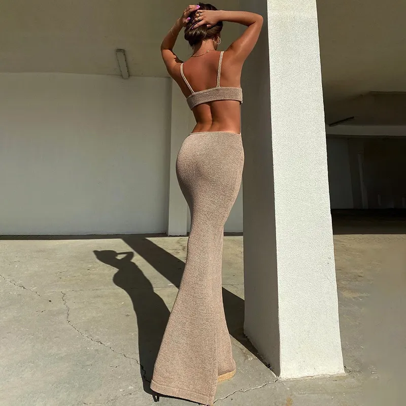 Dames sexy Suspender lange jurk mode solide kleur hol uit backless hoge taille strak zomerfeest 220629