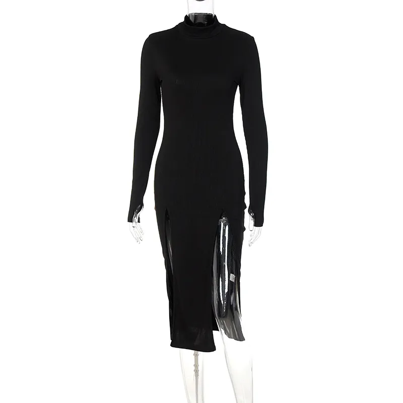 세련 여성 가을 ​​겨울 o 하이 목이 긴 소매 검은 사이드 슬릿 미디 섹시 리브 베드 니트 신축성 우아한 드레스 220521