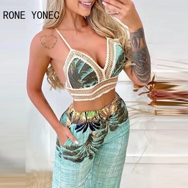 Kobiety Tropical Print Lace Trim Crop Top Slit Pants Ustaw Summer Wakacje Suit 220315