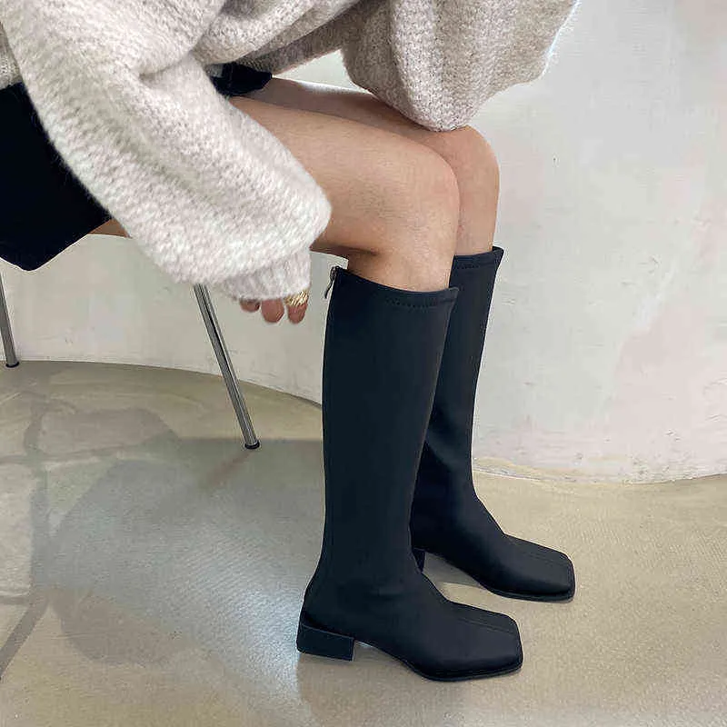 Square Toe Women Knee High Boots 2022 New Arrivals Brown Grey Black Back Zipper Stretch ShoesT220718