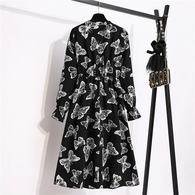 가을 레이디 한국 스타일 빈티지 플로럴 쉬폰 여성 캐주얼 셔츠 드레스 긴 소매 미디 여름 Za for Woman Dress 220517