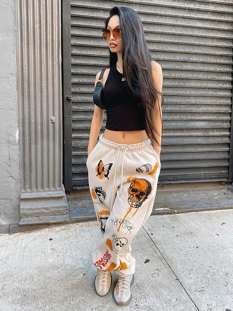 Insta Women Sweat Pant Harajuku Cartoon Printed Trousers Jogger Drawstring Cargo Pant Streetwear Casual Sweatpant Autumn 220815