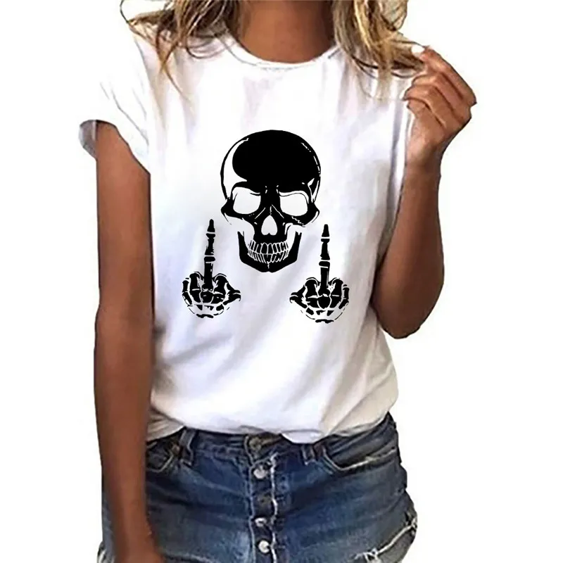 Women t shirt Summer Skull Middle Finger harajuku Print ladies Tshirts Short Sleeve Casual Streetwear Tee Shirt femme 220628