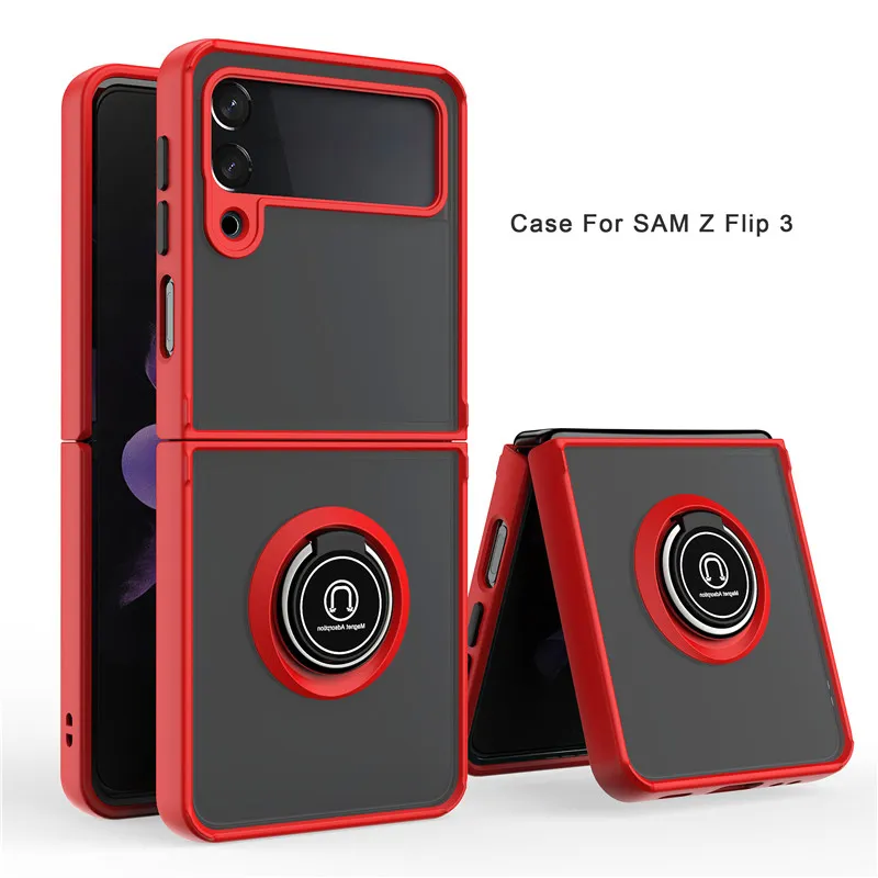 Slide Lens Protection Hybrid Armor Phone Cases Pour Samsung Galaxy Z Flip 3 Fundas Porte-Anneau Magnétique Antichoc Couverture Arrière Souple