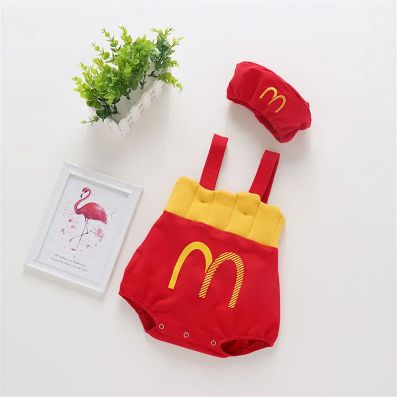 born Infant Baby Girls boys French fries set Cotton Off Shoulder Straps Romper Jumpsuit Cute Casual Outfits Clothes cap suit 220525