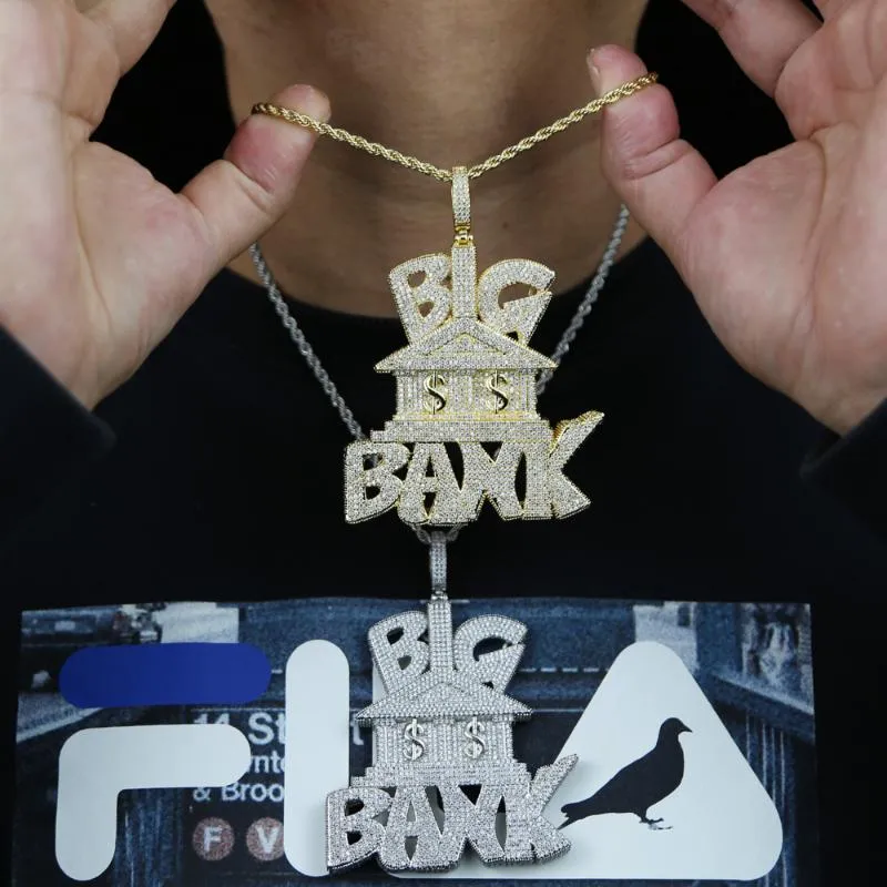 Łańcuchy mężczyźni biżuteria biodro z literą duży bank pieniądze wisiorek lodowy bling 5a sześcienna cyrkon utwardzony łańcuch liny