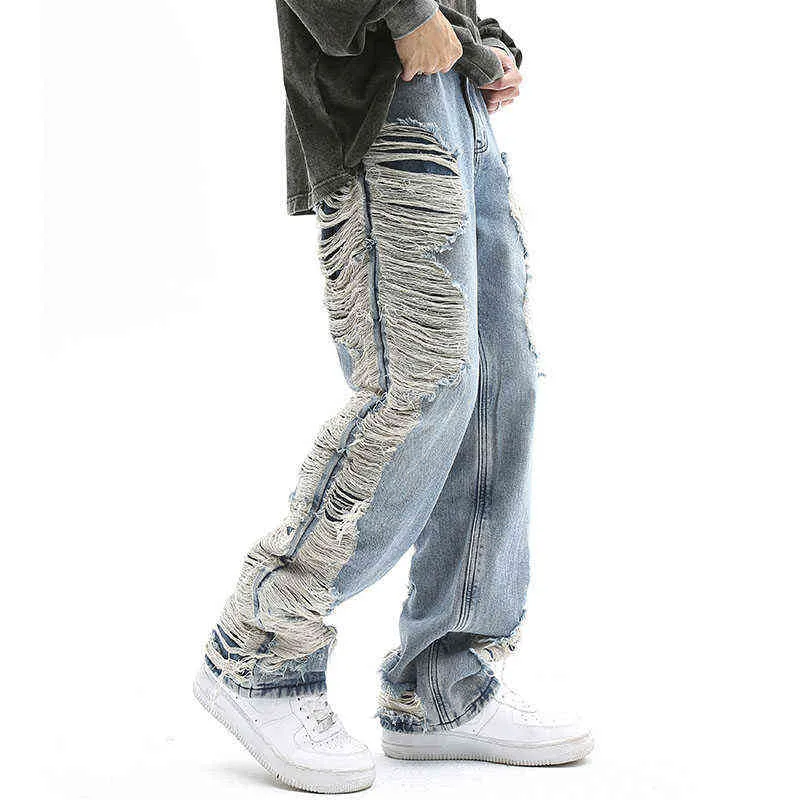 Высокая улица разорванные расстроенные вымытые голубые дыры мужские брюки для джинсов Прямые ретро -карманы Harajuku Мершние брюки для джинсовой ткани T220803