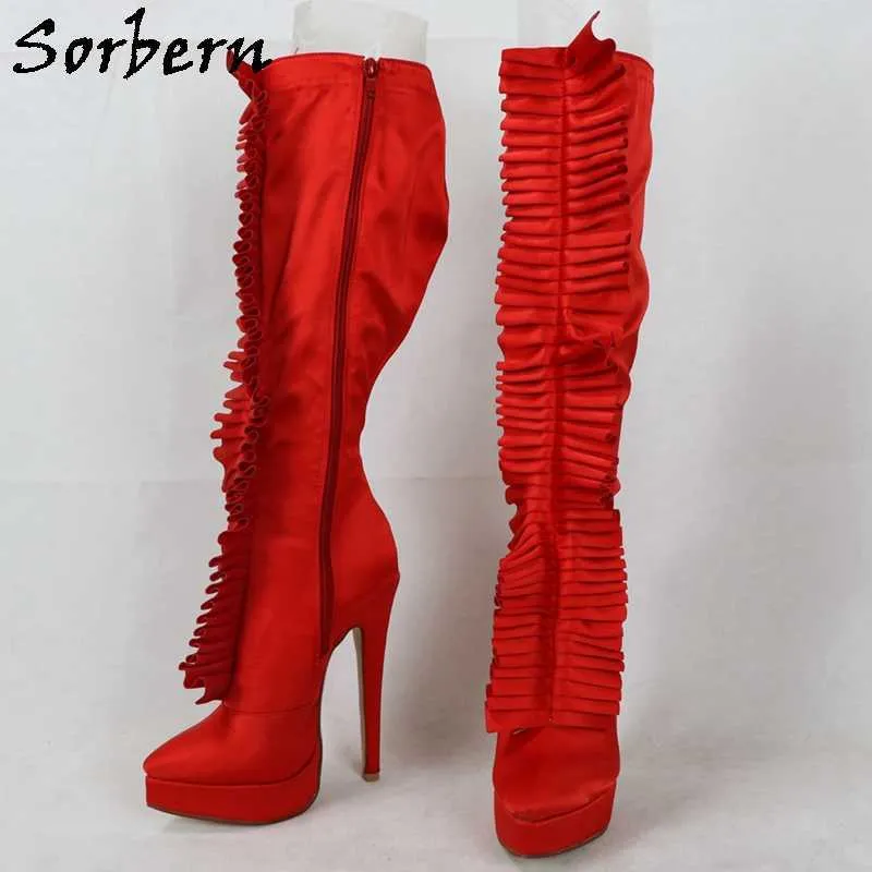 Sorbern Custom Red Wide Calf Boots Women High Heel Pointed Toe Platform Knee High Lady Boot Satin Pleated Zip Up Model Shoes