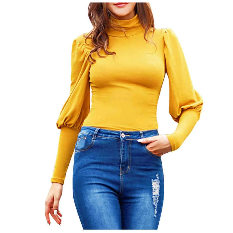 Nuevas blusas básicas ajustadas de cuello alto para otoño e invierno, camisas de manga larga de Color sólido para mujer, blusas casuales de manga larga, blusas para mujer L220705