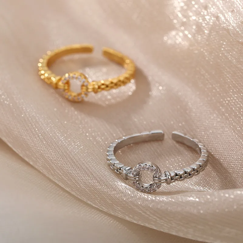 Okrągłe pierścienie cyrkonowe dla kobiet ze stali nierdzewnej złotą punkową łańcuch rockowy otwarty Akcesoria pierścieniowe Pierścień Bijoux Femme 220719