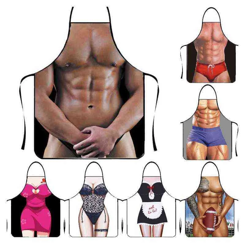 Kreativitet Muscle Man Sexig Kök Förkläde Kvinna Rolig Förkläde 3D Tryckt Party Baking Rengöring Söt Bib Frisör Barber Förkläde Y220426