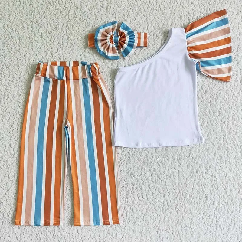 Wholesale Baby Girl One Shoulder Clothes Children Colorful Set Kid Short Sleeve White Top Stripe Pants Infant Spring Fall Outfit 220620