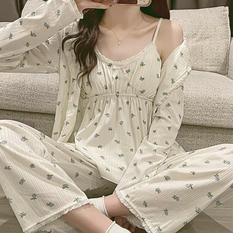 Harajpee Pajama 3ピースセットプリントカミソールカーディガン胸パッドズボンズボンズズホームウェア女性の春インモイガールスタイル220329