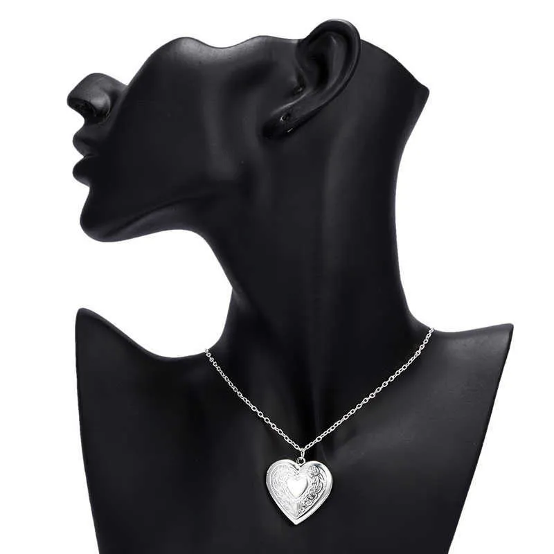Locket silver färg hjärta halsband ram för kvinnor hängsmycke choker diy familj bilder gåvor par smycken kedja krage