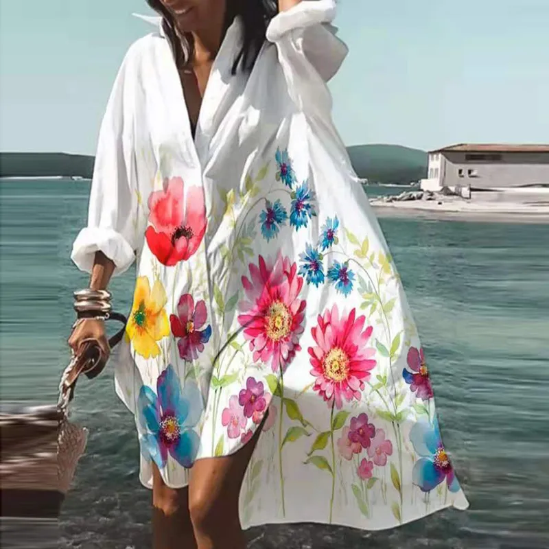 春の夏の女性Sターンダウン襟長袖ボタンドレスカジュアルエレガントな花柄のビーチパーティーES 220521