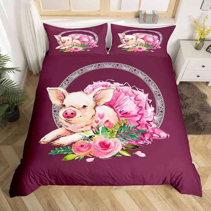 Housse de couette cochon rose, taille King/Queen, joli ensemble de literie avec animaux de ferme, dessin animé, pour enfants, garçons et filles, tournesols jaunes