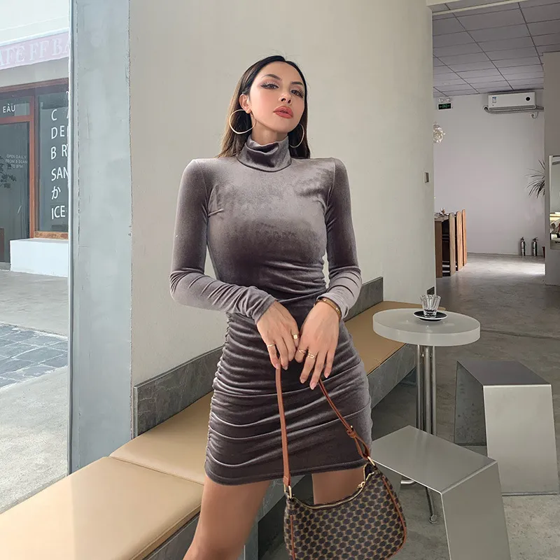 Autumn High Neck Pullover Suede Dress Casual Fashion Long Sleeve Bodycon Dress Sexy nightclub Elegant Dresses Slim Robe Femme 220317