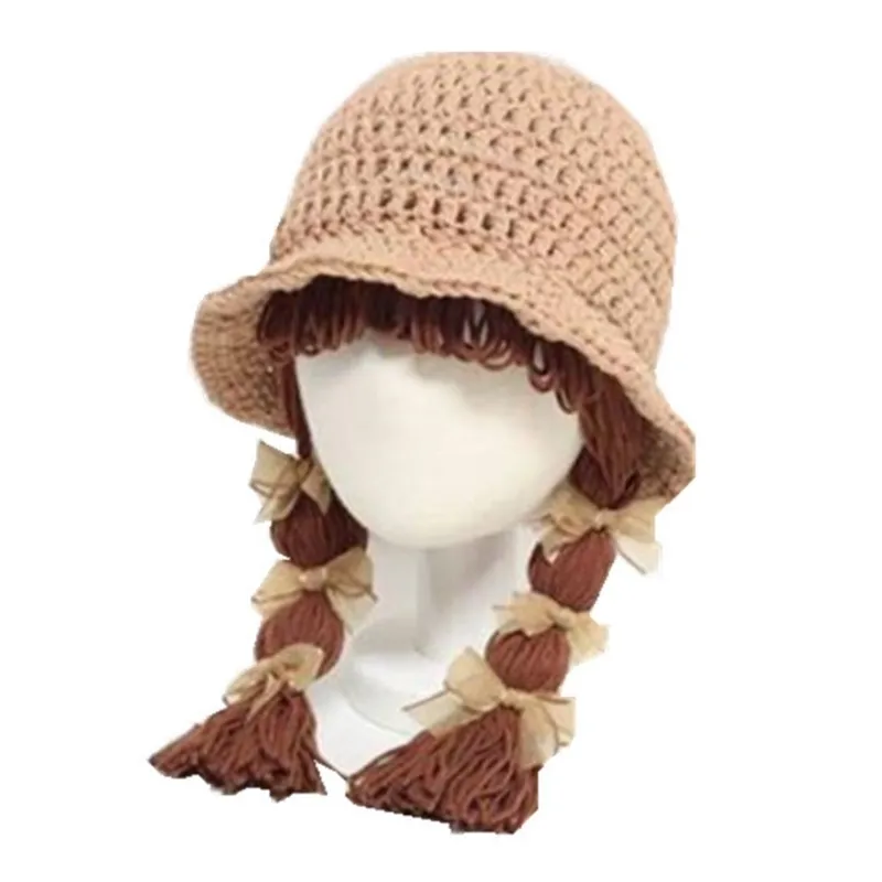 Autumn Winter Handmade Knit Baby Wig Bowknot Hat born Wigs Brades Crochet Cap 220514
