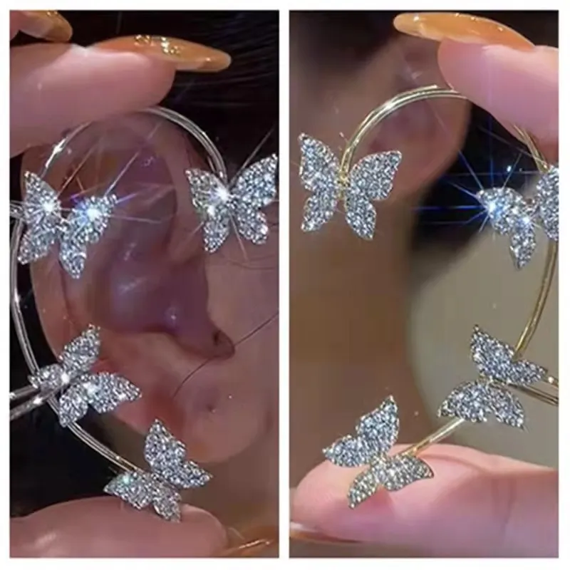 Orecchini a forma di farfalla in zircone con clip orecchie in strass intorno agli orecchini all'orecchio Orecchino da fata ragazze Argento Oro Sinistra Destra