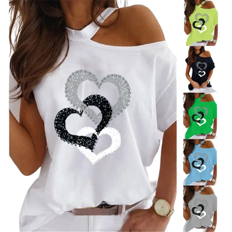 Summer Heart Print T-shirt Kobiety seksowne białe topy na ramię swobodne tshirty o krótkim rękawie o modzie TShirty Street Trees 220511