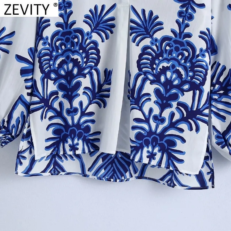 Zevity Women Vintage Blue Totem Floral Print Smock Blouse Office Ladies Business Casual Shirt Chic Loose Blusas Tops LS9468 220407