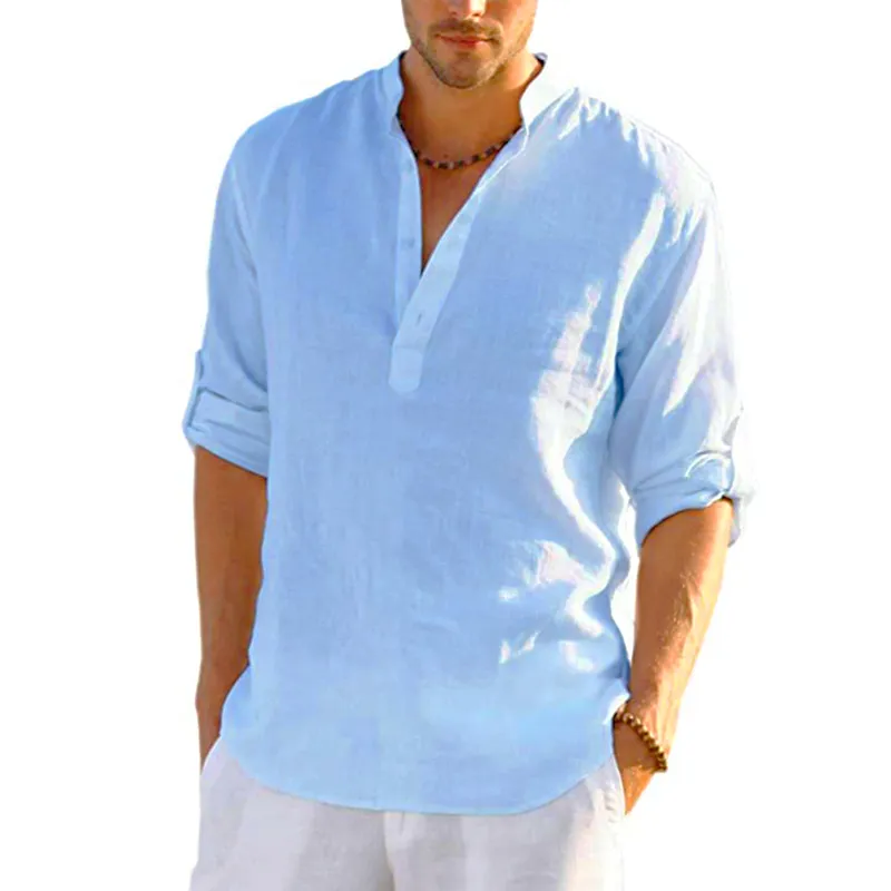 Casual Mens Cotton Linen S Summer Loose Long Sleeve Solid Tee Fashion Vneck Breattable Manlig blus Skjorta Topps 220721