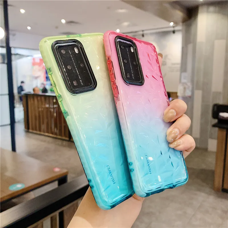 3D Gradient Diamond Texture Telefon Fodraler för Huawei P40 PRO P20 P30 Lite Mate 20 30 40 Pro Honor 20 30 V30 Nova 3e 4E Back Cover