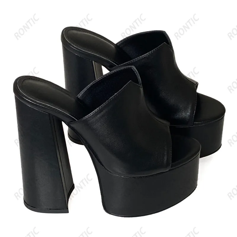 Rontic handgefertigte Damen-Plateau-Pantoletten-Sandalen aus echtem Leder, sexy Blockabsätze, Peep-Toe-Klassiker, schwarze Partyschuhe, US-Größe 4–9,5